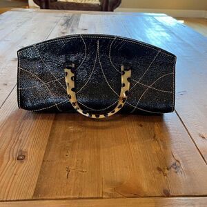 Vin Baker Black Patent Leather Lucite Leopard Handles Bag